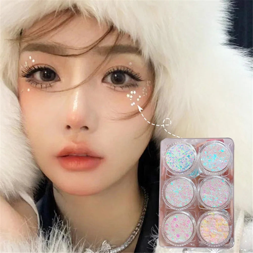 6 Colors Glitter Gel Set Chunky Holographic Body Glitter for Face Glitter Makeup Eye Lips Hair Nail Glitter Eyeshadow, No Need Glue - 108# - 6