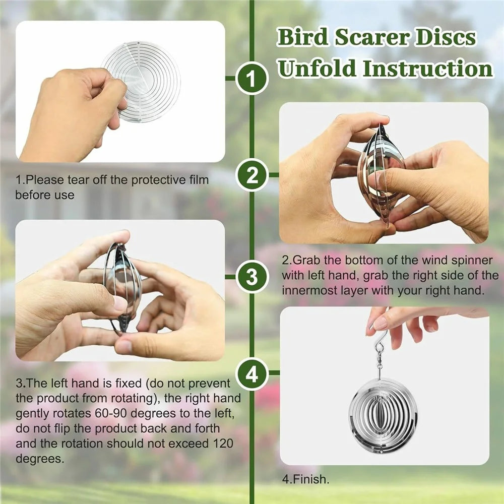9Pcs 3D Stainless Steel Reflective Bird Scare Discs Wind Spinner Garden Decor for Outdoor Yard Orchard - 6