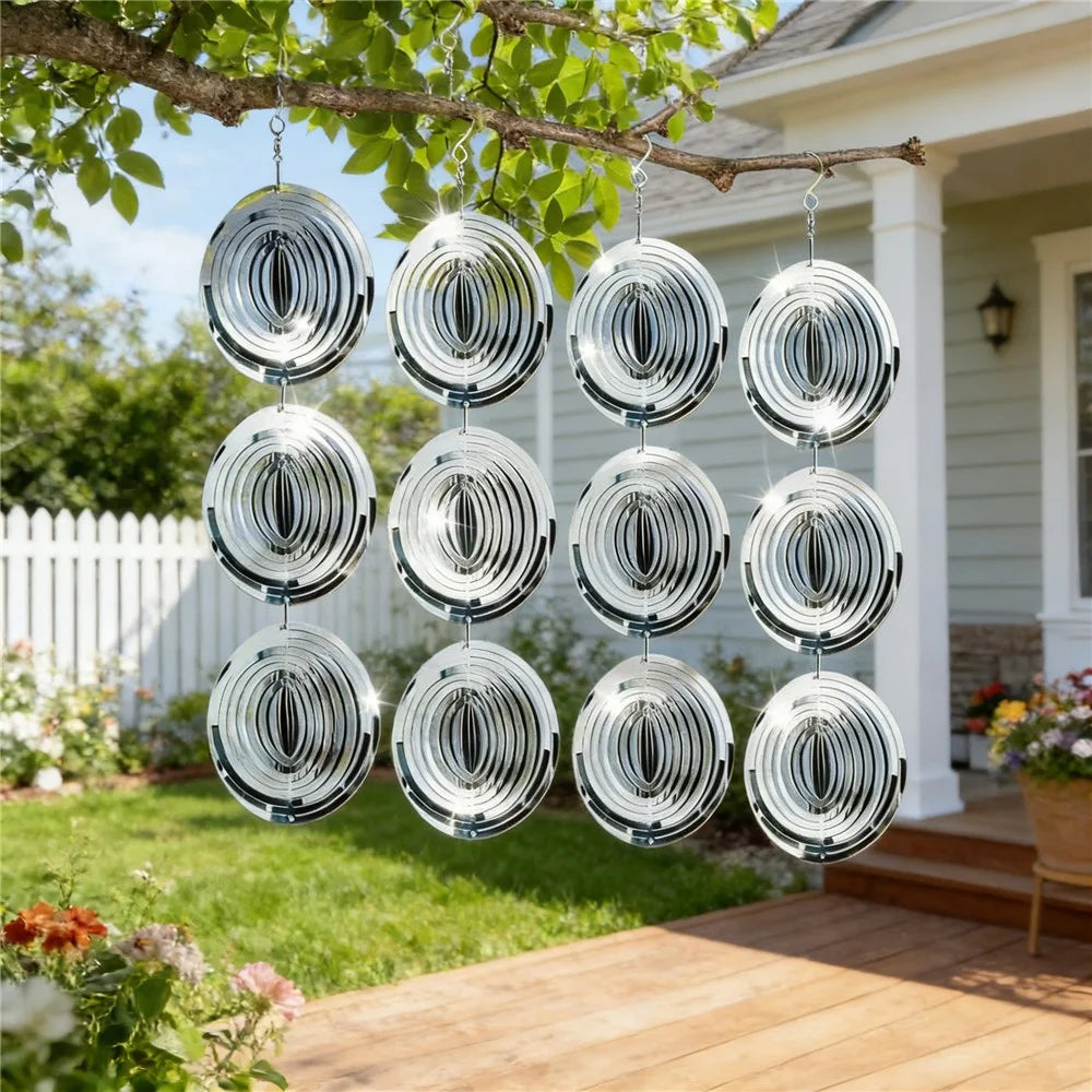 12Pcs 3D Stainless Steel Reflective Bird Scare Discs Wind Spinner Garden Decor for Outdoor Yard Orchard - 1