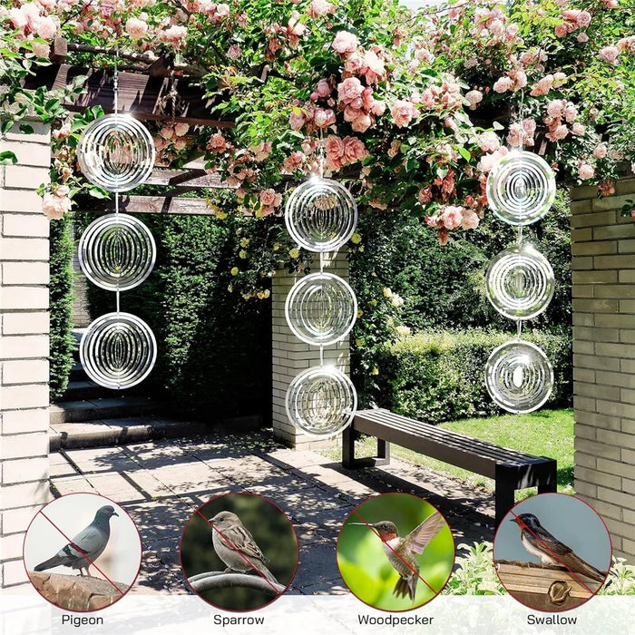 12Pcs 3D Stainless Steel Reflective Bird Scare Discs Wind Spinner Garden Decor for Outdoor Yard Orchard - 3