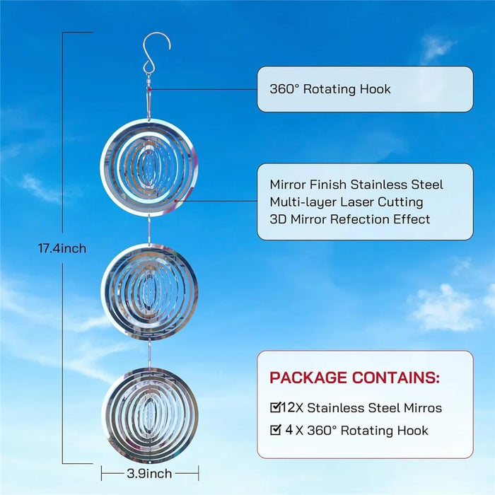 12Pcs 3D Stainless Steel Reflective Bird Scare Discs Wind Spinner Garden Decor for Outdoor Yard Orchard - 7