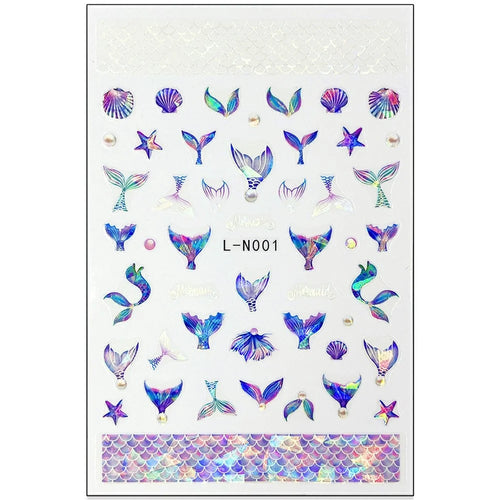 10.5x7cm Ocean Theme Nail Art Stickers Holographic Mermaid Tail Shell Starfish Waterproof Decals - L-N001 - 1
