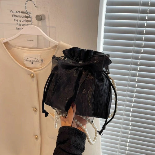 Drawstring Bucket Bag Faux Pearl Chain Shoulder Bag Bow Tie Canvas Crossbody Handbag for Women - Black - 1