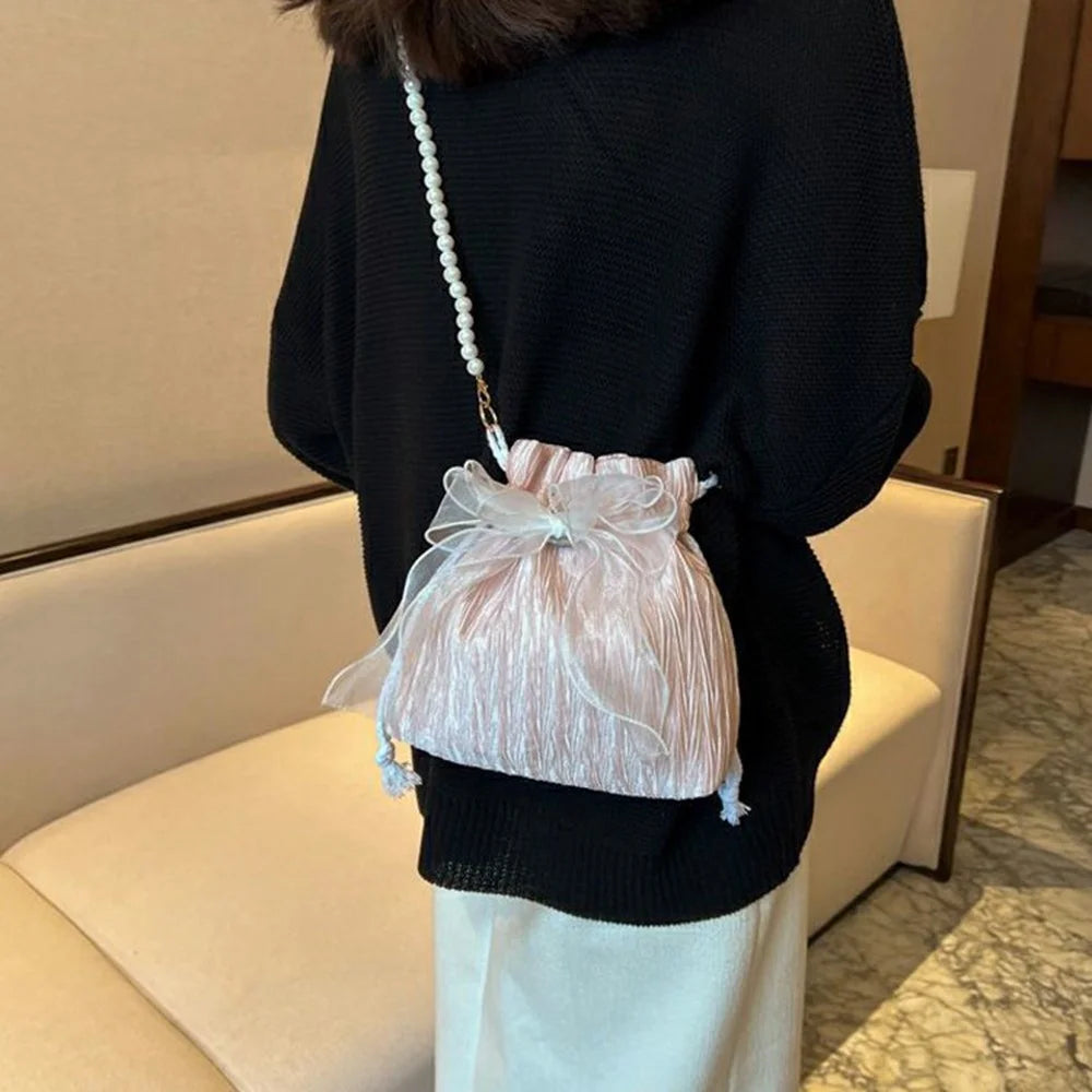 Drawstring Bucket Bag Faux Pearl Chain Shoulder Bag Bow Tie Canvas Crossbody Handbag for Women - Black - 3