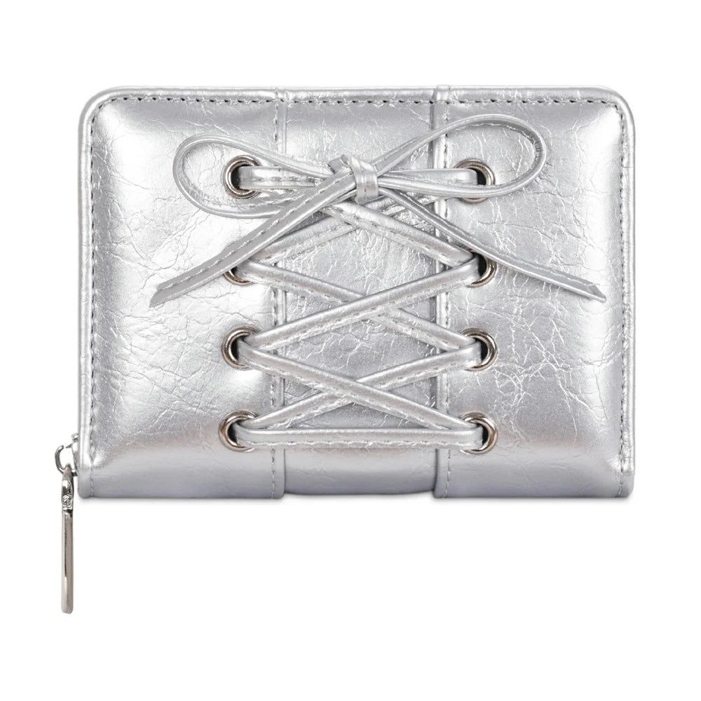 Mini Bifold Wallet Women Short Zipper Coin Purse Lace Up Design Bow Tie Card Holder Portable Clutch - Silver - 1