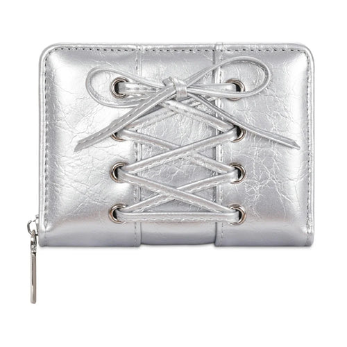 Mini Bifold Wallet Women Short Zipper Coin Purse Lace Up Design Bow Tie Card Holder Portable Clutch - Silver - 1