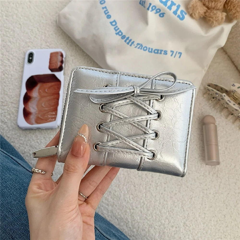 Mini Bifold Wallet Women Short Zipper Coin Purse Lace Up Design Bow Tie Card Holder Portable Clutch - Silver - 2