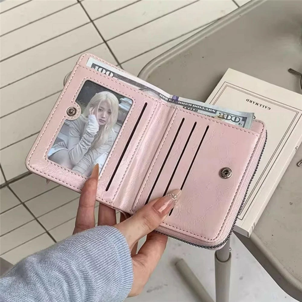 Mini Bifold Wallet Women Short Zipper Coin Purse Lace Up Design Bow Tie Card Holder Portable Clutch - Silver - 3