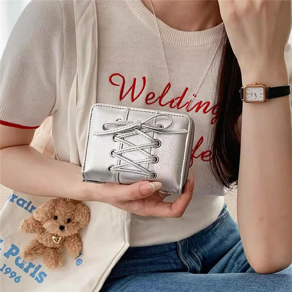 Mini Bifold Wallet Women Short Zipper Coin Purse Lace Up Design Bow Tie Card Holder Portable Clutch - Silver - 5