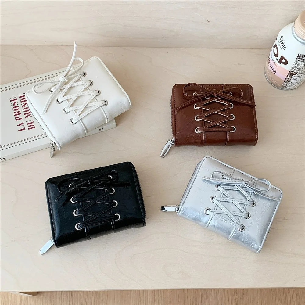 Mini Bifold Wallet Women Short Zipper Coin Purse Lace Up Design Bow Tie Card Holder Portable Clutch - Silver - 6