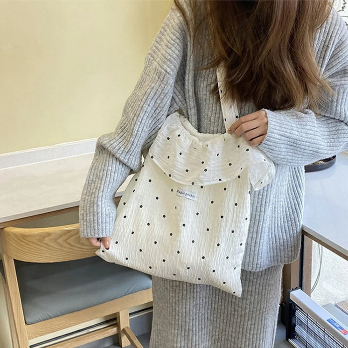 Polka Dot Chiffon Tote Bag with Ruffle Shoulder Handbag for Beach Vacation Travel - White - 2