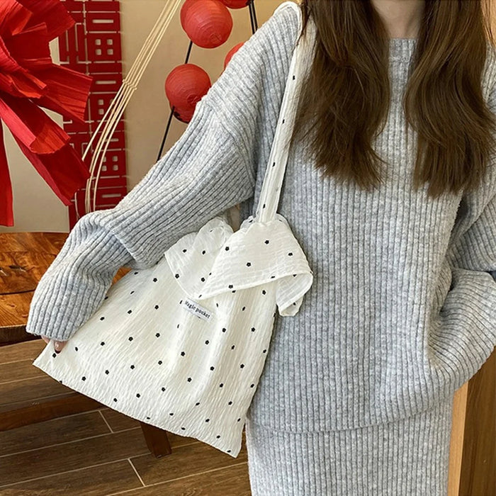 Polka Dot Chiffon Tote Bag with Ruffle Shoulder Handbag for Beach Vacation Travel - White - 3