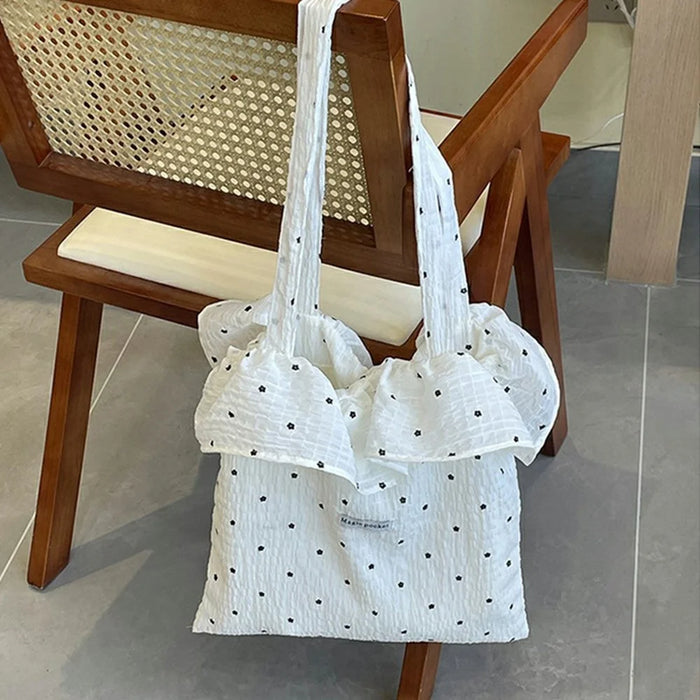 Polka Dot Chiffon Tote Bag with Ruffle Shoulder Handbag for Beach Vacation Travel - White - 4