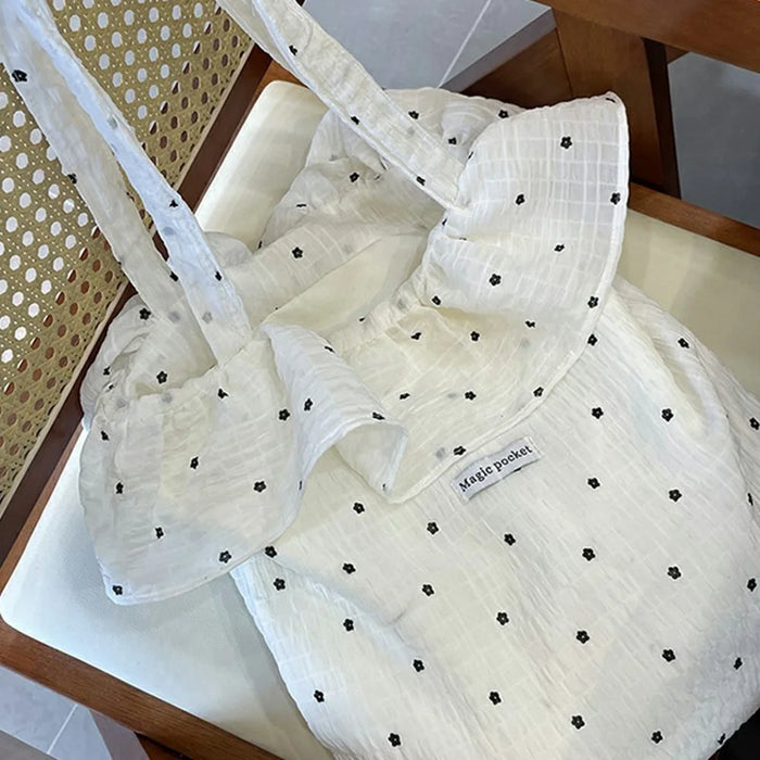 Polka Dot Chiffon Tote Bag with Ruffle Shoulder Handbag for Beach Vacation Travel - White - 5