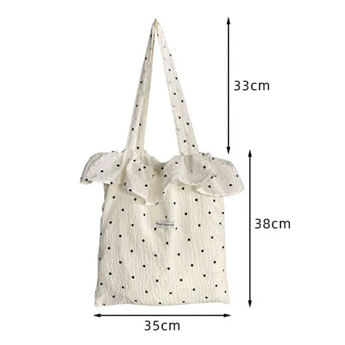Polka Dot Chiffon Tote Bag with Ruffle Shoulder Handbag for Beach Vacation Travel - White - 6