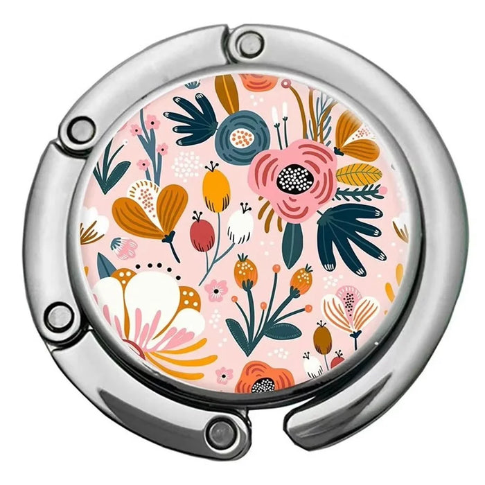 Floral Print Foldable Purse Hook Magnetic Quick-Release Round Metal Bag Hanger Clip Portable Table Edge Clamp - Pink - 1