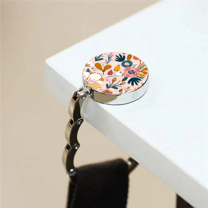 Floral Print Foldable Purse Hook Magnetic Quick-Release Round Metal Bag Hanger Clip Portable Table Edge Clamp - Pink - 2