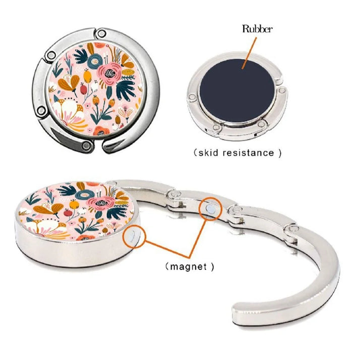 Floral Print Foldable Purse Hook Magnetic Quick-Release Round Metal Bag Hanger Clip Portable Table Edge Clamp - Pink - 3