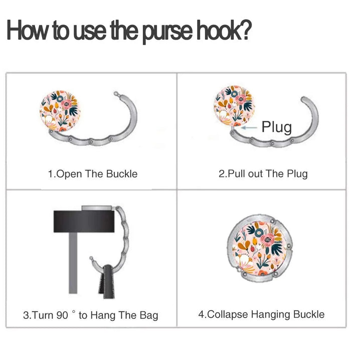 Floral Print Foldable Purse Hook Magnetic Quick-Release Round Metal Bag Hanger Clip Portable Table Edge Clamp - Pink - 5