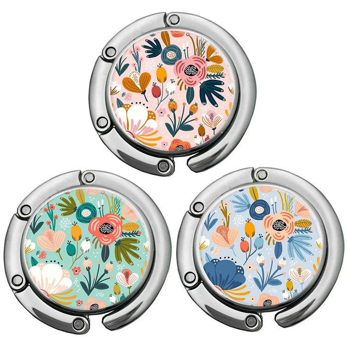 Floral Print Foldable Purse Hook Magnetic Quick-Release Round Metal Bag Hanger Clip Portable Table Edge Clamp - Pink - 7