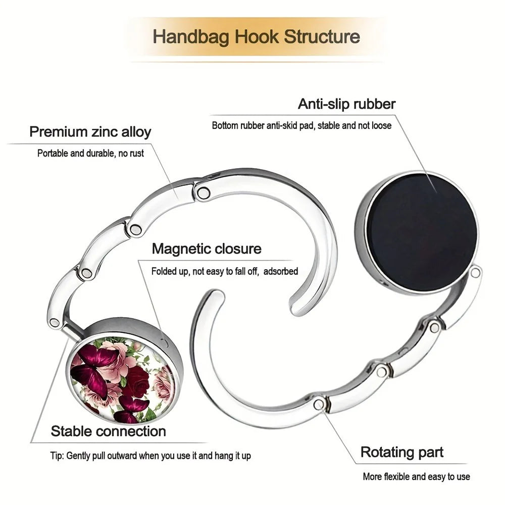 Magnetic Foldable Table Hook Handbag Hanger Desk Edge Clip Portable Hook for Office Home Organization - Flower Butterfly  /  White - 2