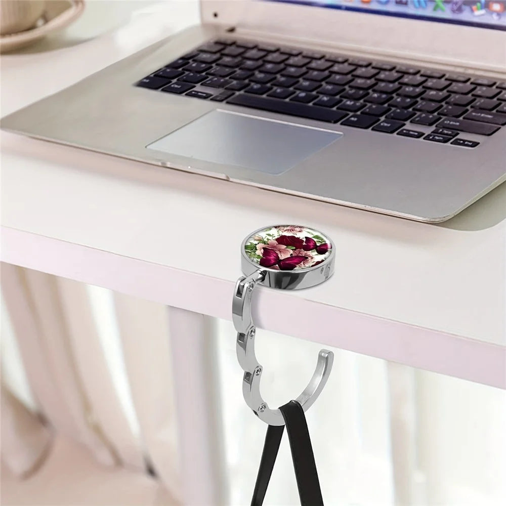 Magnetic Foldable Table Hook Handbag Hanger Desk Edge Clip Portable Hook for Office Home Organization - Flower Butterfly  /  White - 3