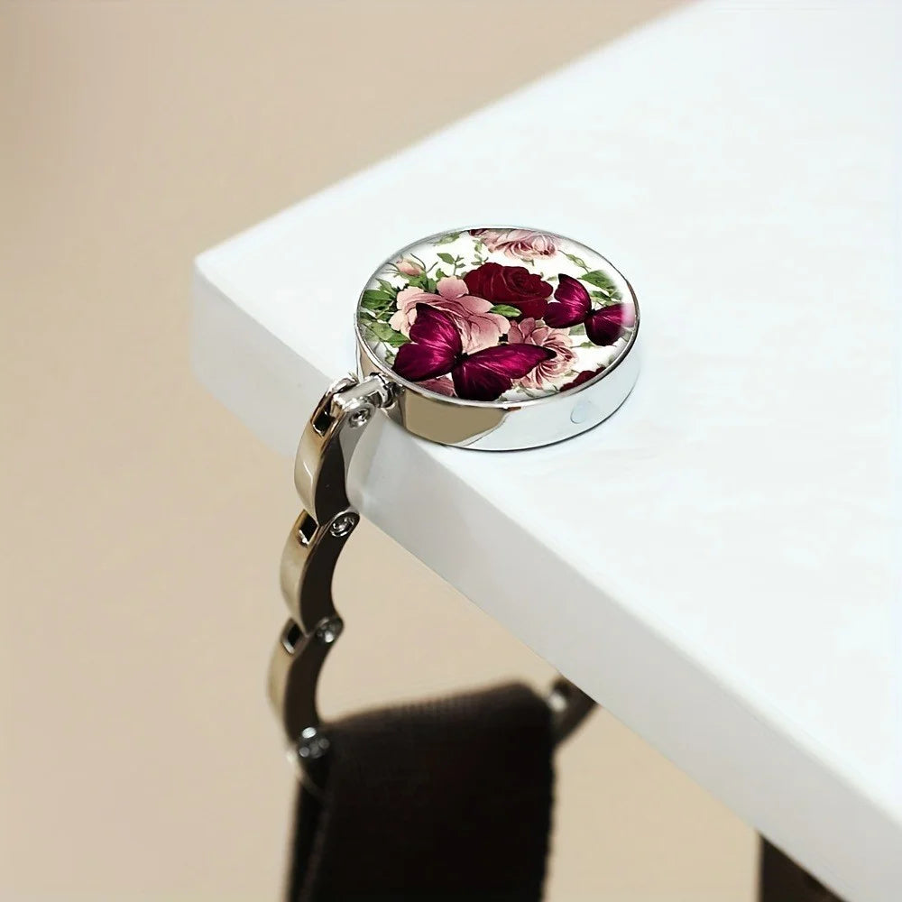 Magnetic Foldable Table Hook Handbag Hanger Desk Edge Clip Portable Hook for Office Home Organization - Flower Butterfly  /  White - 4