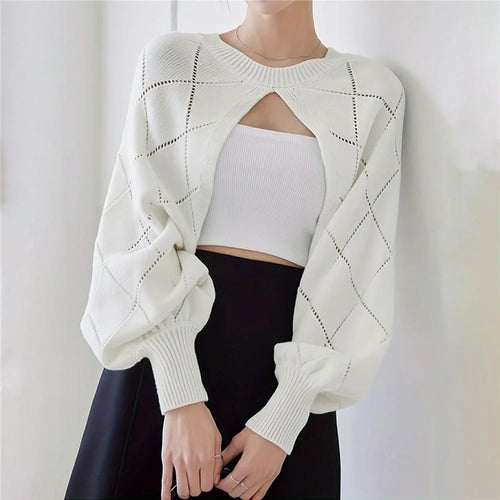 Women Hollow Out Knit Crop Cardigan Sweater Short Lantern Sleeve Top Diamond Pattern Breathable Sweater - S - 1