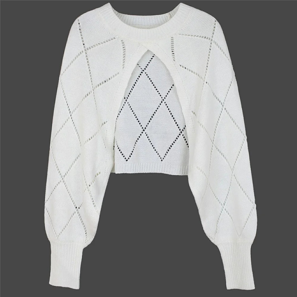 Women Hollow Out Knit Crop Cardigan Sweater Short Lantern Sleeve Top Diamond Pattern Breathable Sweater - S - 3