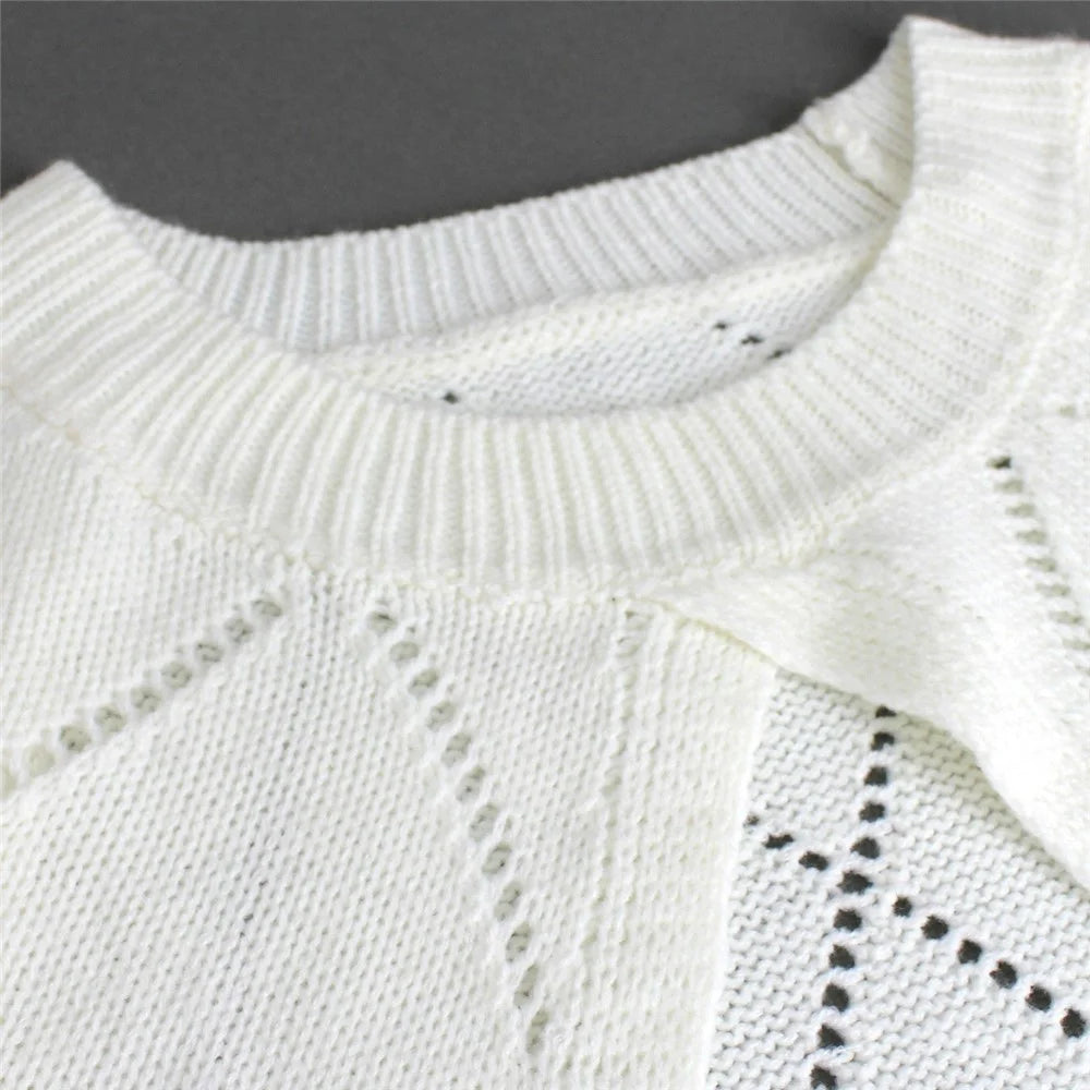 Women Hollow Out Knit Crop Cardigan Sweater Short Lantern Sleeve Top Diamond Pattern Breathable Sweater - S - 4