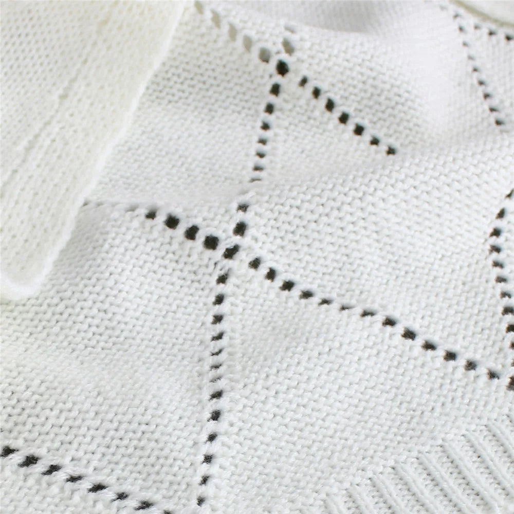 Women Hollow Out Knit Crop Cardigan Sweater Short Lantern Sleeve Top Diamond Pattern Breathable Sweater - S - 6