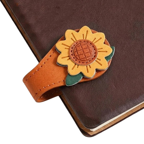 Magnetic Leather Bookmark Clips 10cm Vintage Book Page Markers PU Leather Book Clips Cute Reading Accessories - Sunflower - 1