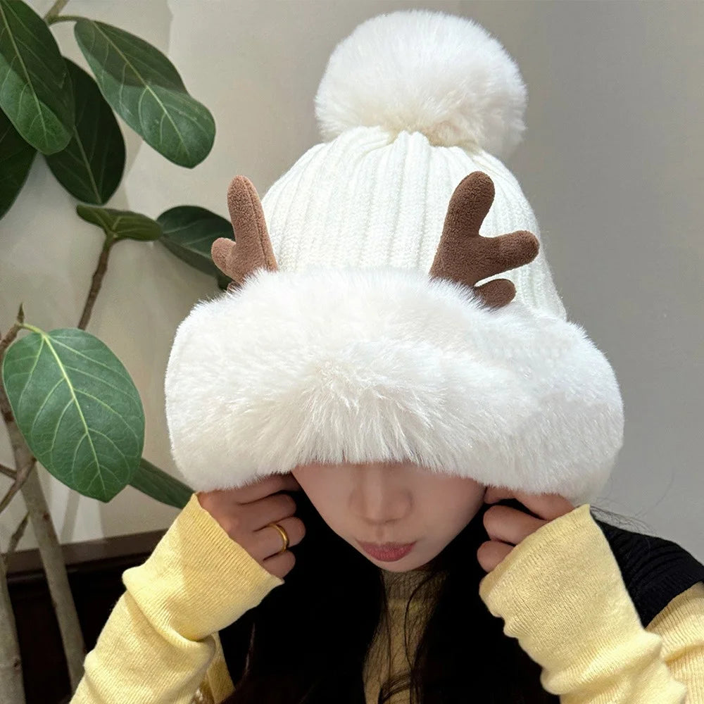 Women Winter Faux Fur Deer Ear Design Flap Hat Plush Ball Christmas Warm Skull Cap Knit Beanie Hat - White - 2