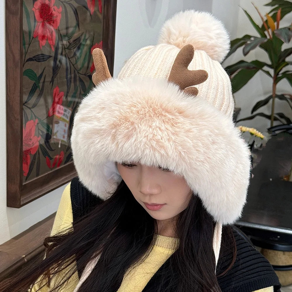 Women Winter Faux Fur Deer Ear Design Flap Hat Plush Ball Christmas Warm Skull Cap Knit Beanie Hat - White - 3