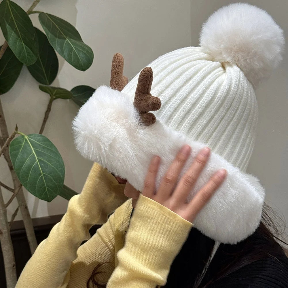 Women Winter Faux Fur Deer Ear Design Flap Hat Plush Ball Christmas Warm Skull Cap Knit Beanie Hat - White - 4
