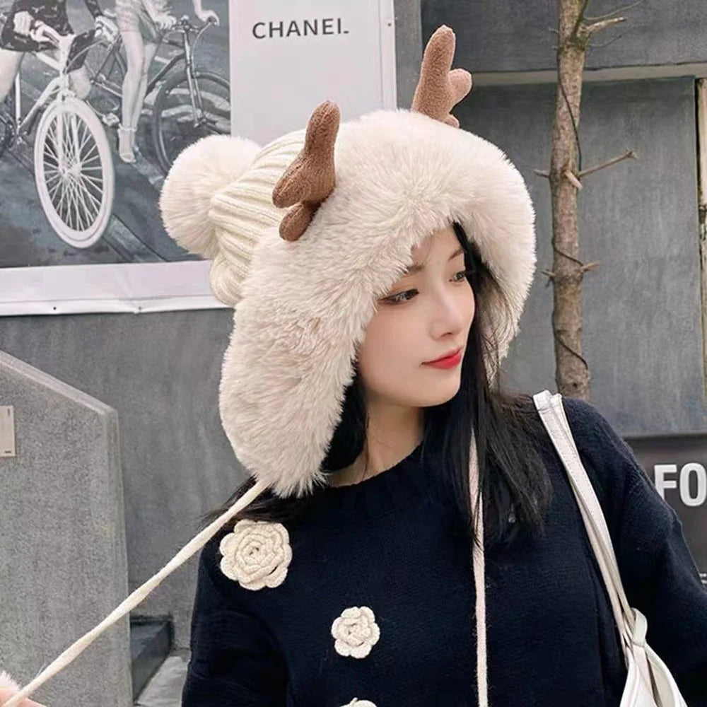 Women Winter Faux Fur Deer Ear Design Flap Hat Plush Ball Christmas Warm Skull Cap Knit Beanie Hat - White - 5