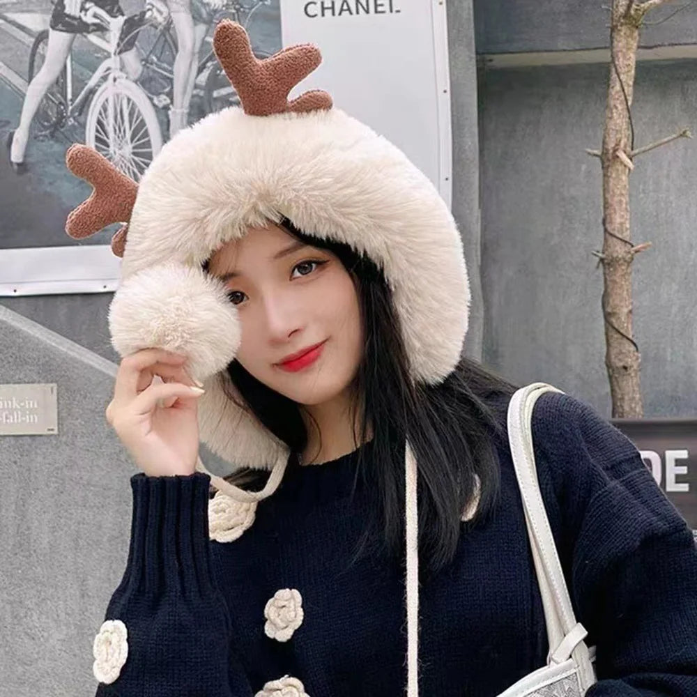 Women Winter Faux Fur Deer Ear Design Flap Hat Plush Ball Christmas Warm Skull Cap Knit Beanie Hat - White - 6