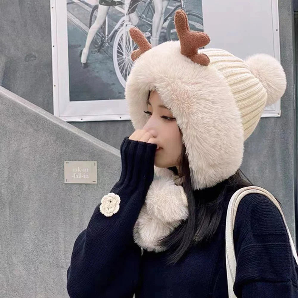 Women Winter Faux Fur Deer Ear Design Flap Hat Plush Ball Christmas Warm Skull Cap Knit Beanie Hat - White - 7