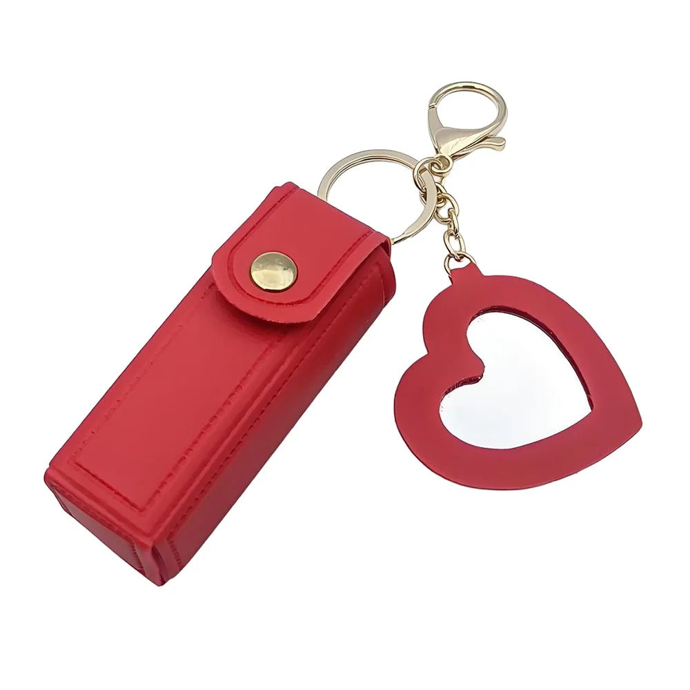 Keychain Design Portable Lipstick Case with Heart Mirror Charm PU Leather Mini Makeup Pouch for Travel Daily - Red - 1