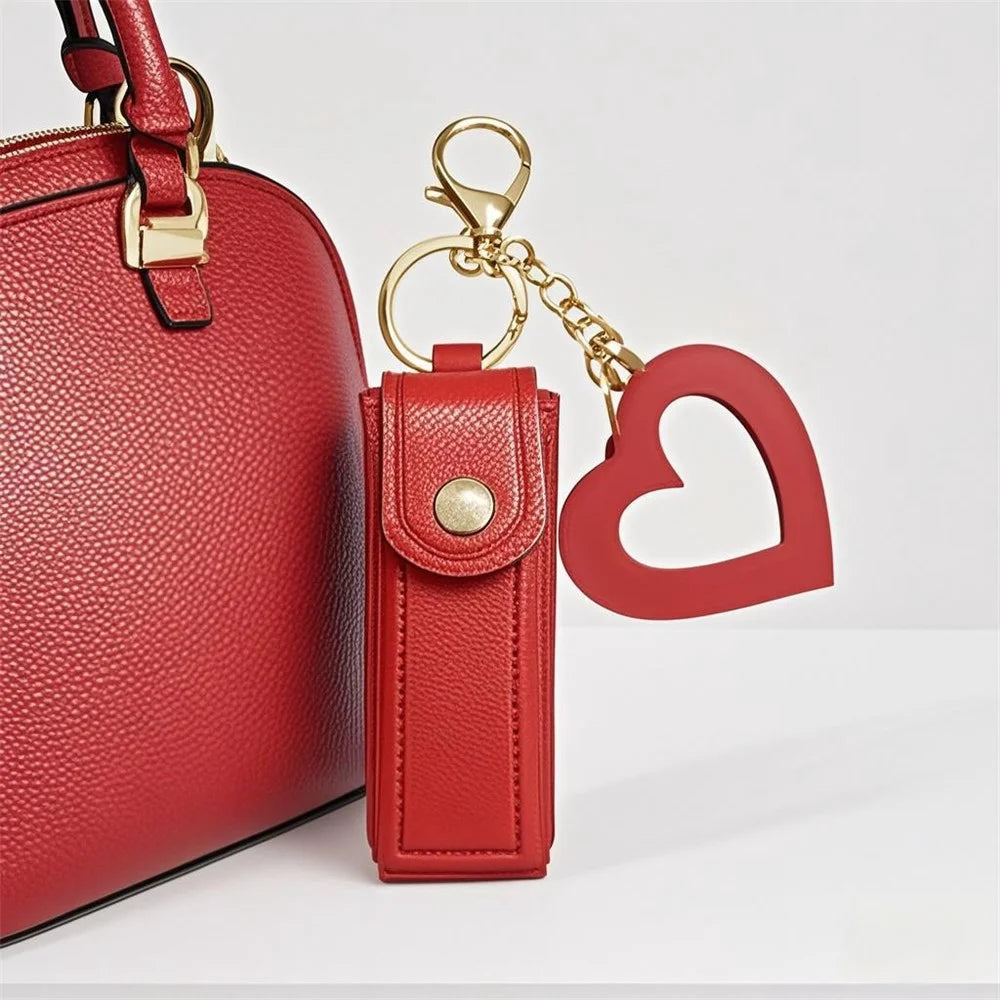 Keychain Design Portable Lipstick Case with Heart Mirror Charm PU Leather Mini Makeup Pouch for Travel Daily - Red - 2