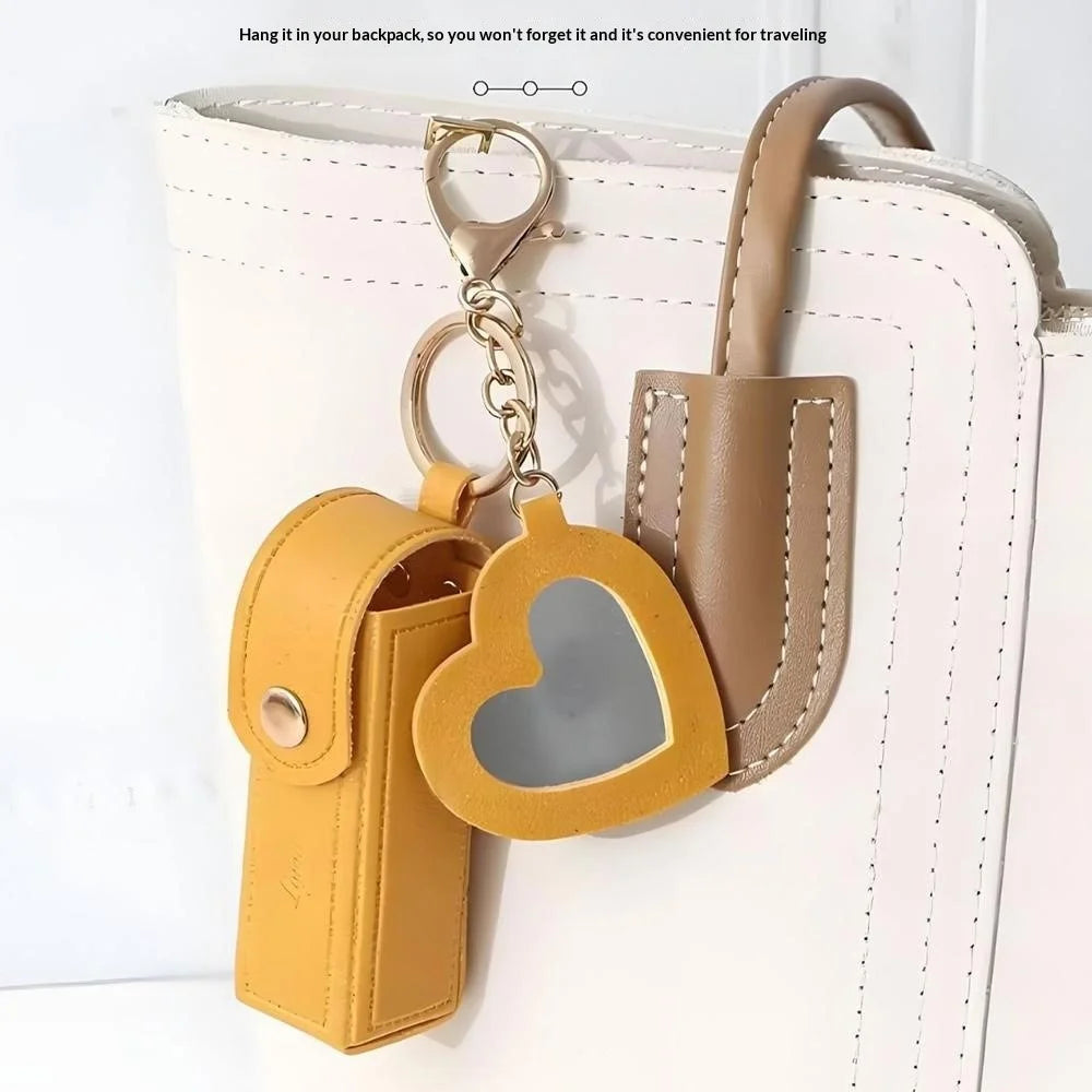 Keychain Design Portable Lipstick Case with Heart Mirror Charm PU Leather Mini Makeup Pouch for Travel Daily - Red - 3