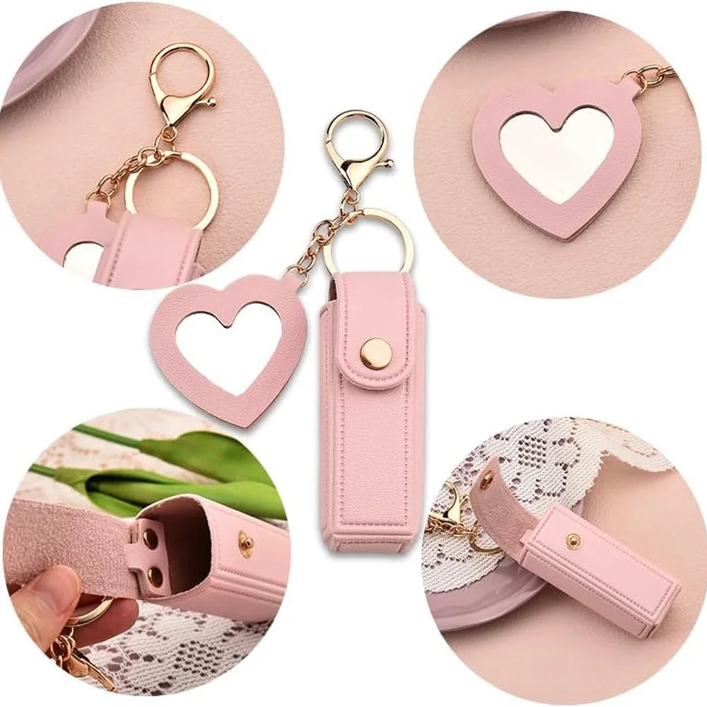 Keychain Design Portable Lipstick Case with Heart Mirror Charm PU Leather Mini Makeup Pouch for Travel Daily - Red - 4