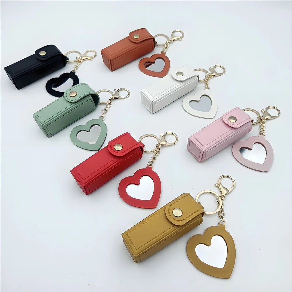 Keychain Design Portable Lipstick Case with Heart Mirror Charm PU Leather Mini Makeup Pouch for Travel Daily - Red - 5