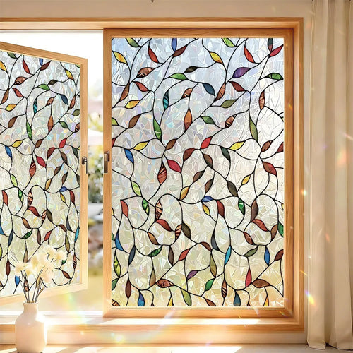 60x120cm 3D Colorful Window Film Stickers Floral Plant Privacy Glass Decor Window Decoration for Bedroom Kitchen Bathroom - Colorful Leaves - 1