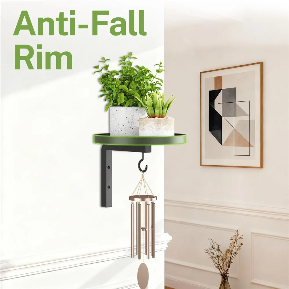2Pcs Wall-Mounted Plant Stand Metal Hooks Indoor Outdoor Garden Decor Hanging Bracket with Anti-Fall Rim (Without Flowerpot) - Black - 3