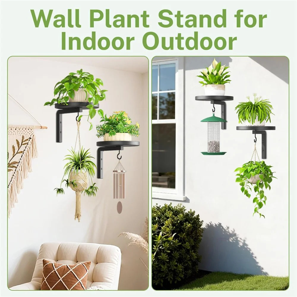 2Pcs Wall-Mounted Plant Stand Metal Hooks Indoor Outdoor Garden Decor Hanging Bracket with Anti-Fall Rim (Without Flowerpot) - Black - 4
