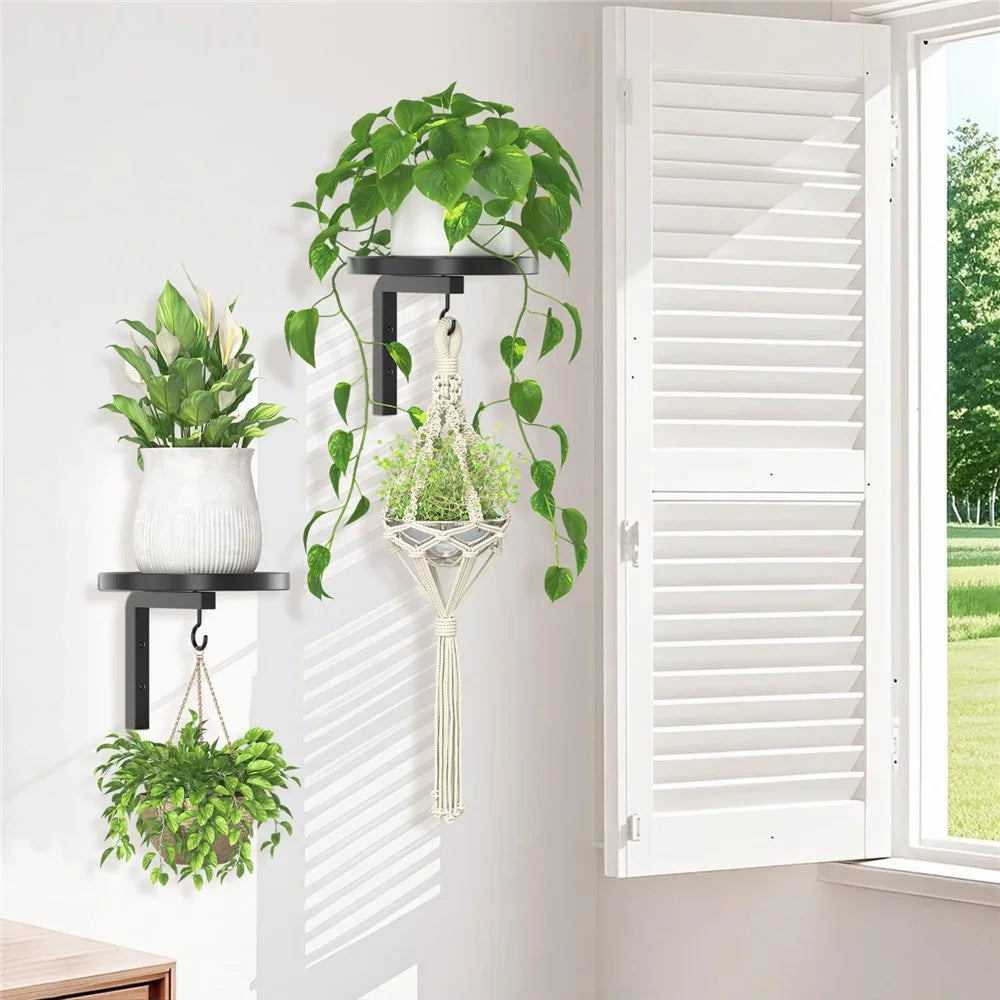 2Pcs Wall-Mounted Plant Stand Metal Hooks Indoor Outdoor Garden Decor Hanging Bracket with Anti-Fall Rim (Without Flowerpot) - Black - 6