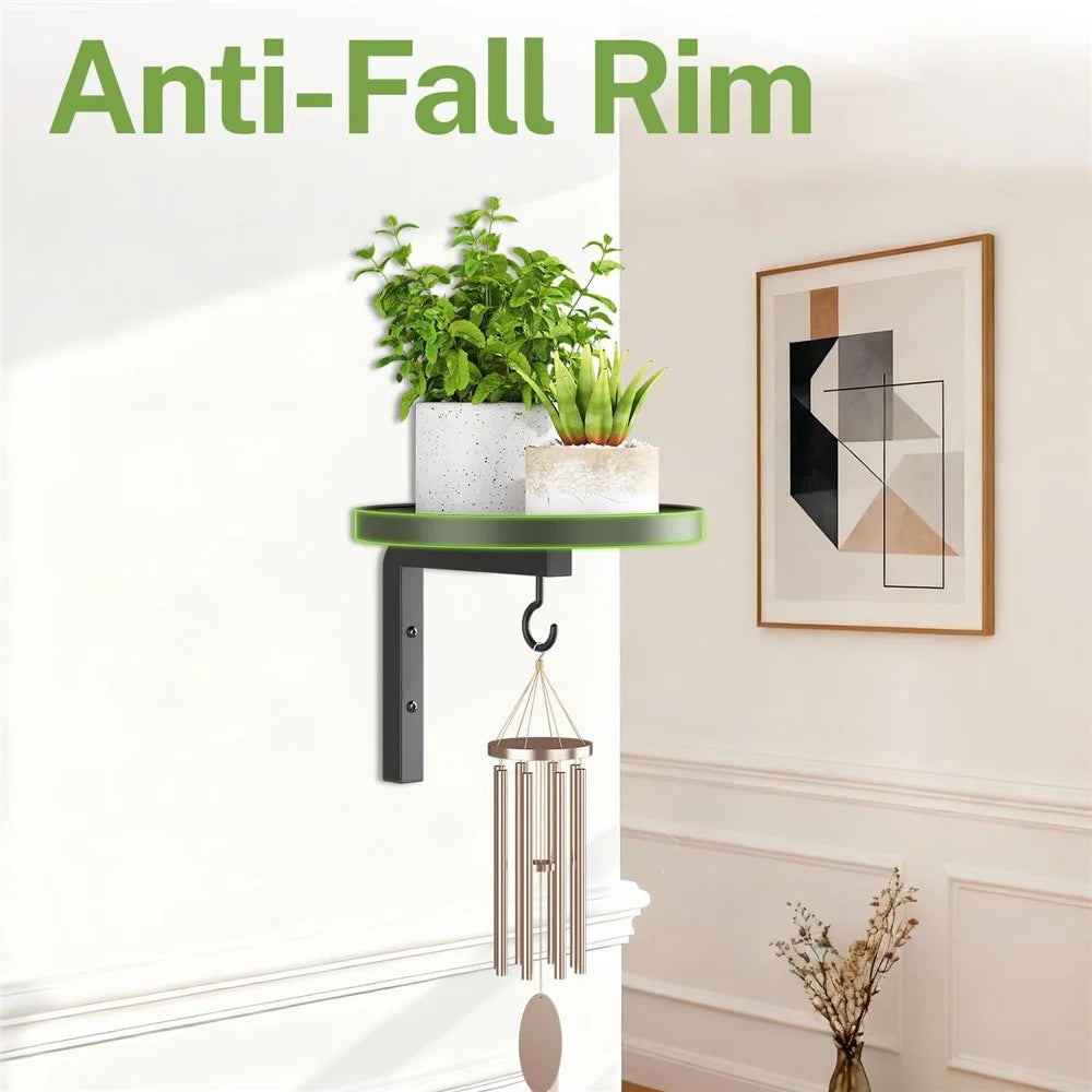 3Pcs Wall-Mounted Plant Stand Metal Hooks Indoor Outdoor Garden Decor Hanging Bracket with Anti-Fall Rim (Without Flowerpot) - Black - 3