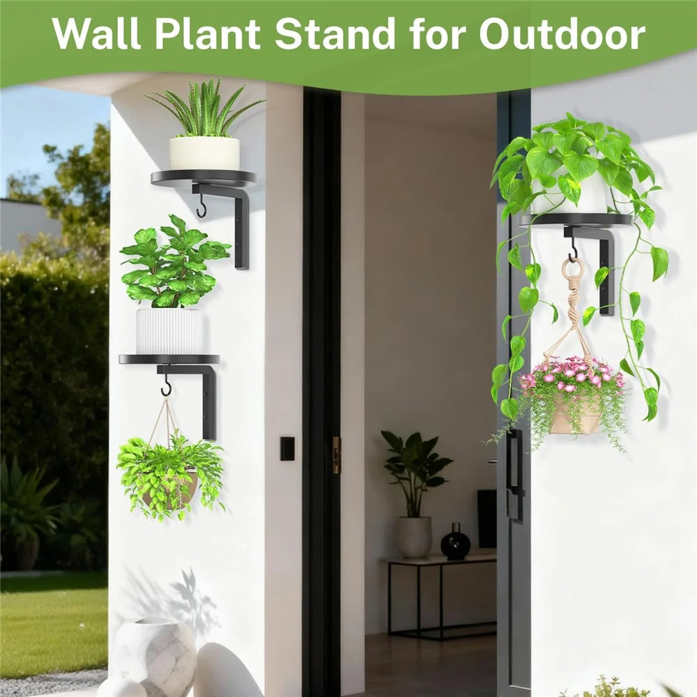 3Pcs Wall-Mounted Plant Stand Metal Hooks Indoor Outdoor Garden Decor Hanging Bracket with Anti-Fall Rim (Without Flowerpot) - Black - 4