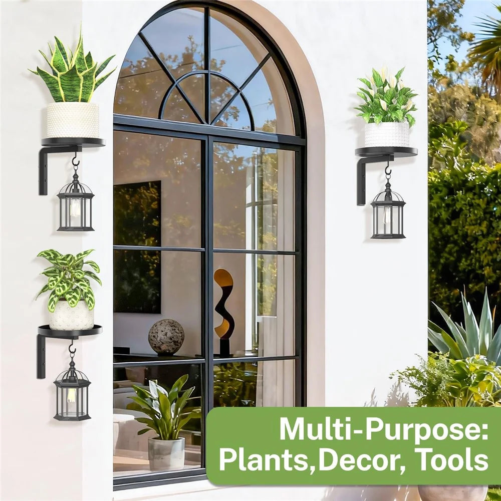 3Pcs Wall-Mounted Plant Stand Metal Hooks Indoor Outdoor Garden Decor Hanging Bracket with Anti-Fall Rim (Without Flowerpot) - Black - 5